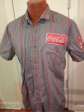 Coca Cola Men’s Gray Button-Up Shirt with Red Stripes